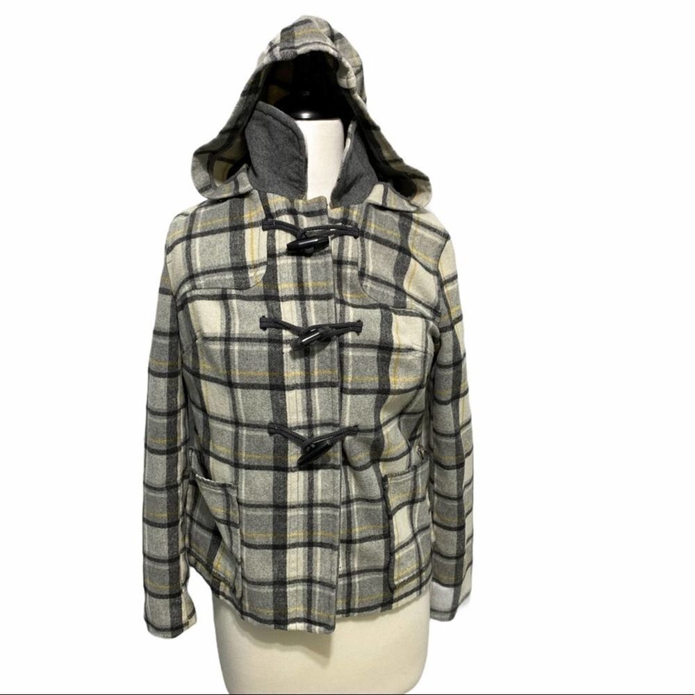 Old Navy Plaid‎ Wool Winter Jacket With Hood Toggle Jacket Gray Yellow Small